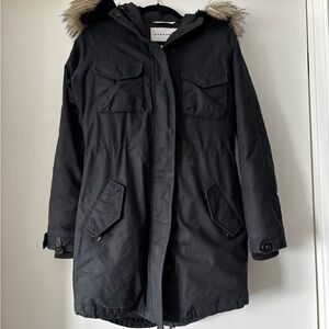 Aritzia Community Black Utility Jacket with Faux Fur Hood in size XS